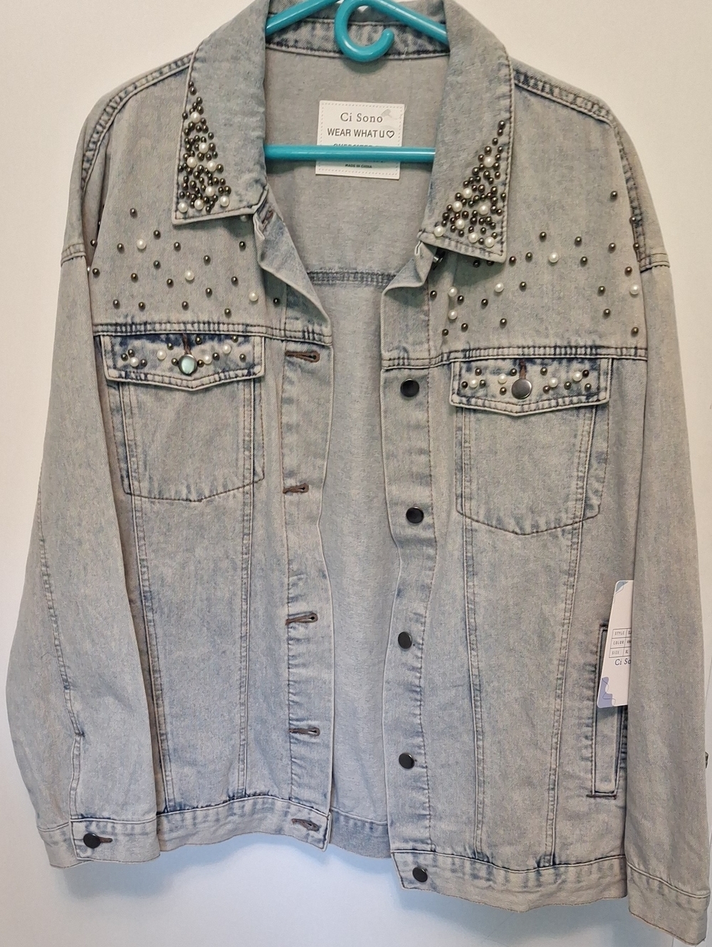 Ci Sono Brand Oversized Fit Beaded Denim Jacket Size XL NWT